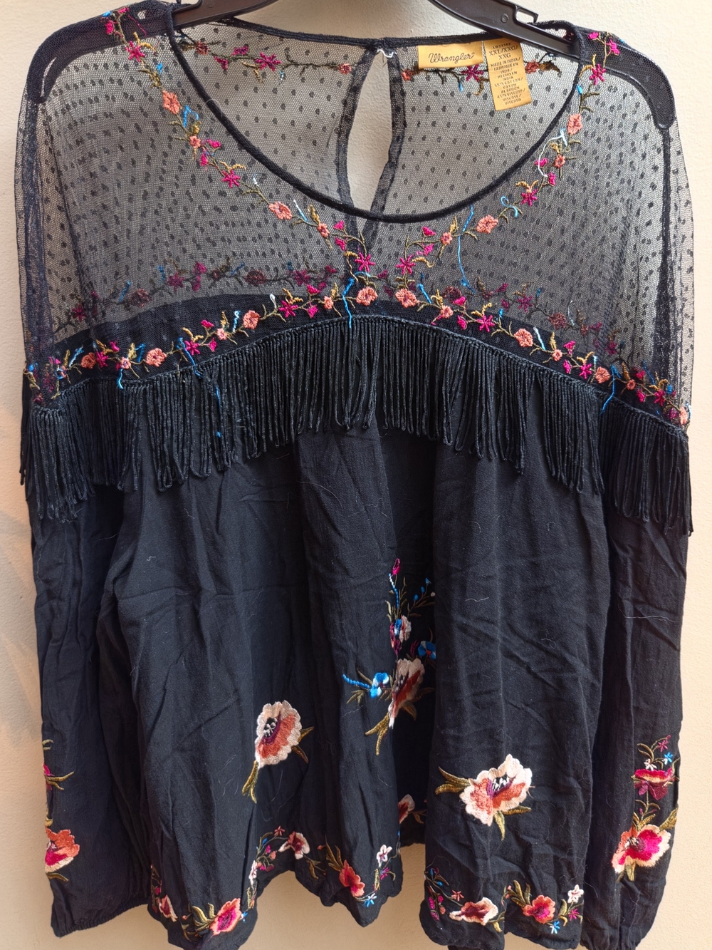Wrangler Women's XXL Black Embroidered Fringe Long Sleeve Peasant Boho Top